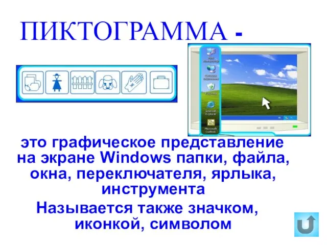 ПИКТОГРАММА - это графическое представление на экране Windows папки, файла, окна, переключателя,