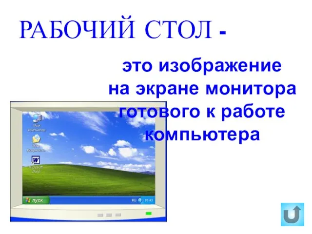 РАБОЧИЙ СТОЛ - это изображение на экране монитора готового к работе компьютера