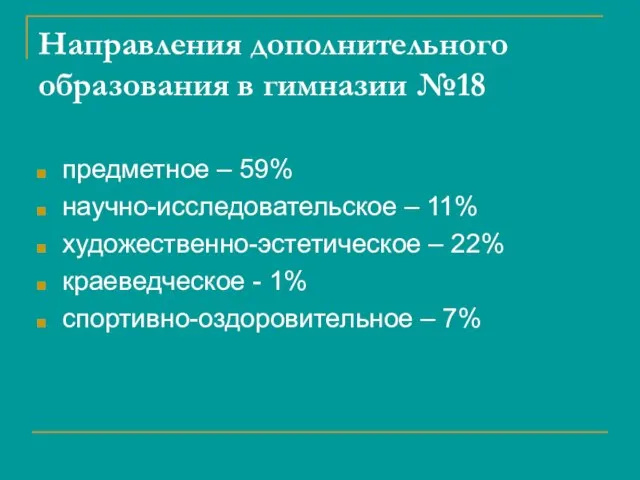 Направления дополнительного образования в гимназии №18 предметное – 59% научно-исследовательское – 11%