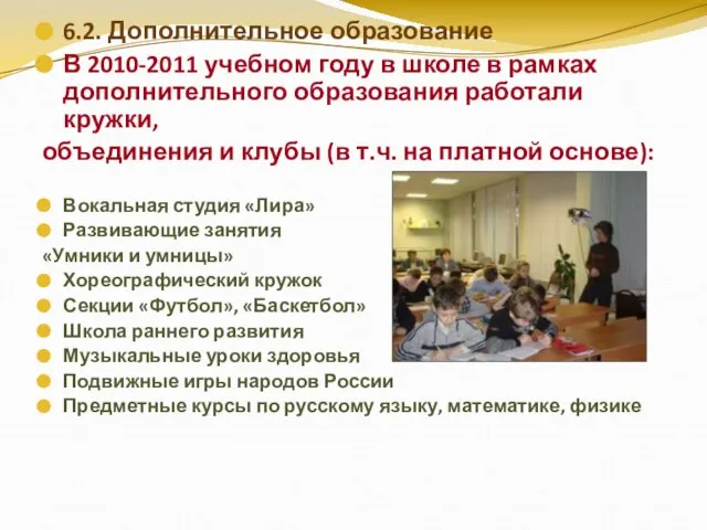 6.2. Дополнительное образование В 2010-2011 учебном году в школе в рамках дополнительного