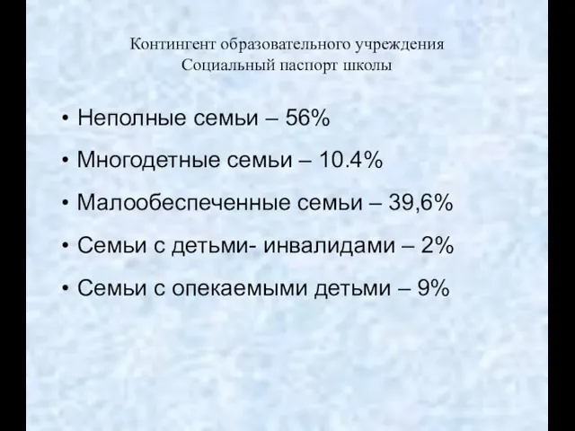 Контингент образовательного учреждения Социальный паспорт школы Неполные семьи – 56% Многодетные семьи