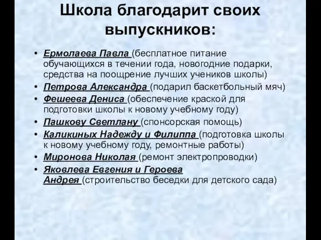 Школа благодарит своих выпускников: Ермолаева Павла (бесплатное питание обучающихся в течении года,