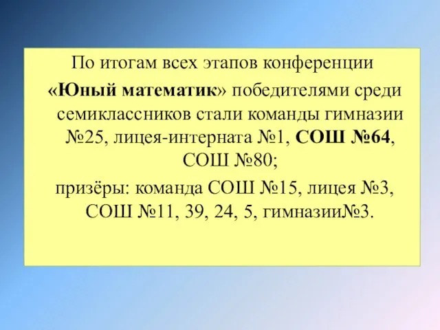 По итогам всех этапов конференции «Юный математик» победителями среди семиклассников стали команды