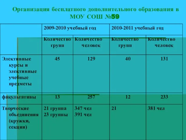 Организация бесплатного дополнительного образования в МОУ СОШ №59