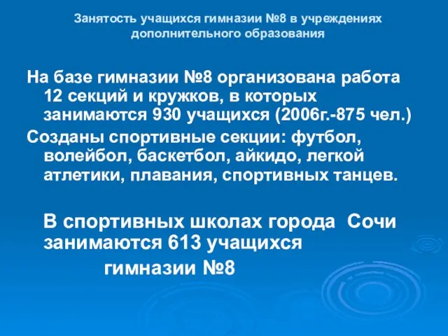 Занятость учащихся гимназии №8 в учреждениях дополнительного образования На базе гимназии №8