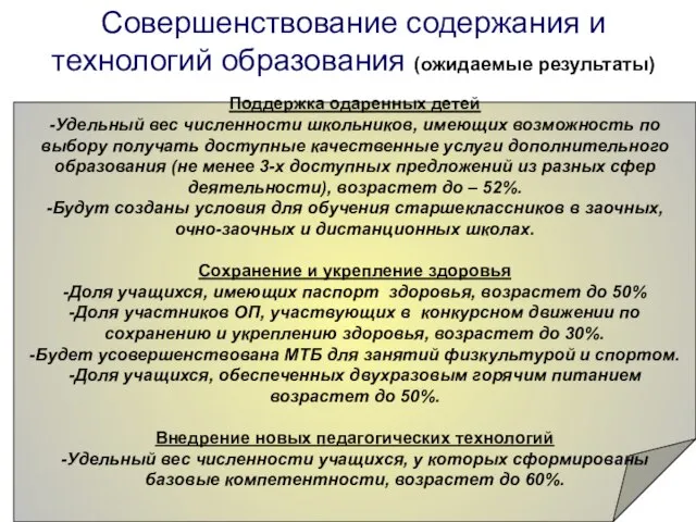 Совершенствование содержания и технологий образования (ожидаемые результаты) Поддержка одаренных детей -Удельный вес