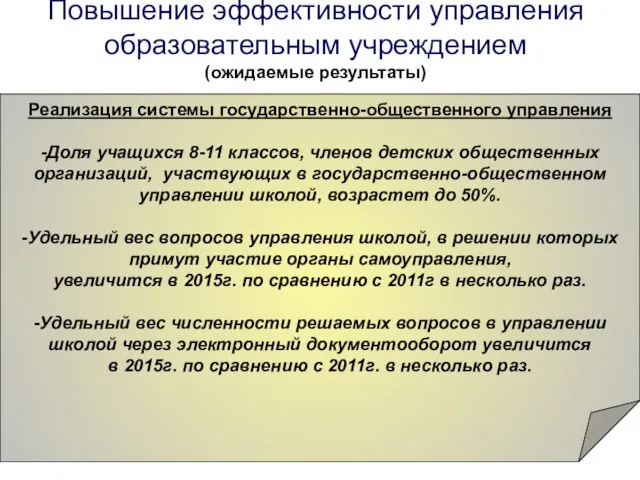 Повышение эффективности управления образовательным учреждением (ожидаемые результаты) Реализация системы государственно-общественного управления -Доля