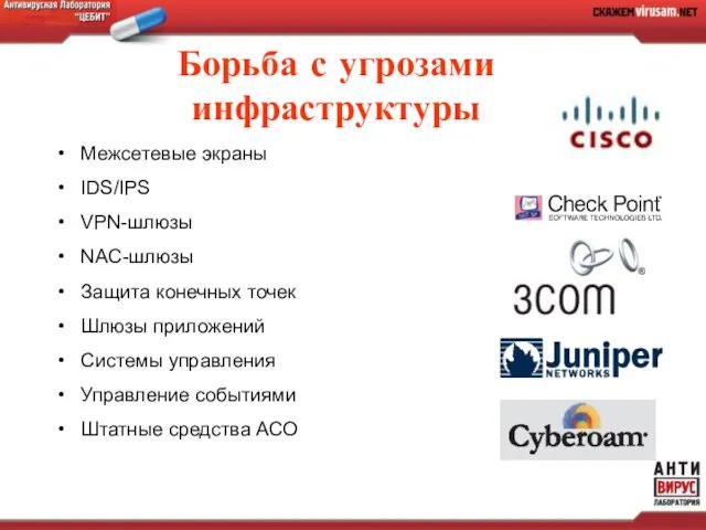 Борьба с угрозами инфраструктуры Межсетевые экраны IDS/IPS VPN-шлюзы NAC-шлюзы Защита конечных точек