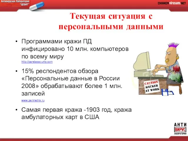 Текущая ситуация с персональными данными Программами кражи ПД инфицировано 10 млн. компьютеров