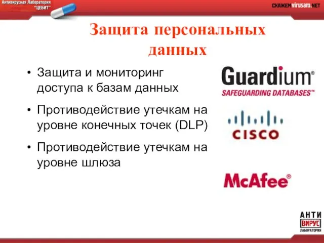 Защита персональных данных Защита и мониторинг доступа к базам данных Противодействие утечкам