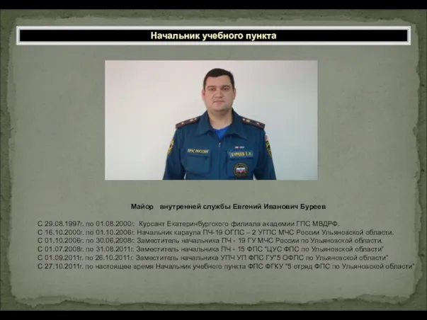 Майор внутренней службы Евгений Иванович Буреев С 29.08.1997г. по 01.08.2000г. Курсант Екатеринбургского