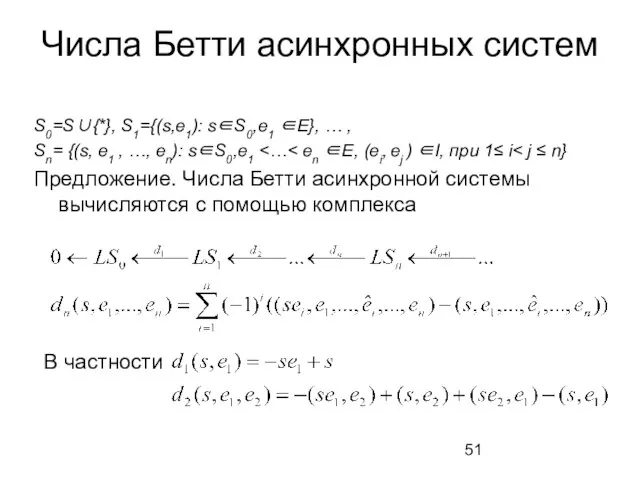 Числа Бетти асинхронных систем S0=S∪{*}, S1={(s,e1): s∈S0,e1 ∈E}, … , Sn= {(s,