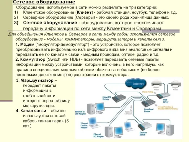 Сетевое оборудование Оборудование, используемое в сети можно разделить на три категории: Клиентское