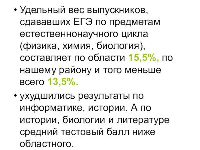 Удельный вес выпускников, сдававших ЕГЭ по предметам естественнонаучного цикла (физика, химия, биология),