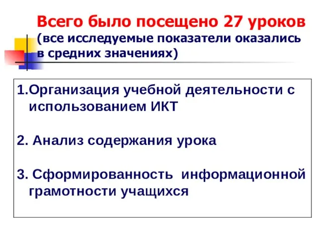 Всего было посещено 27 уроков (все исследуемые показатели оказались в средних значениях)