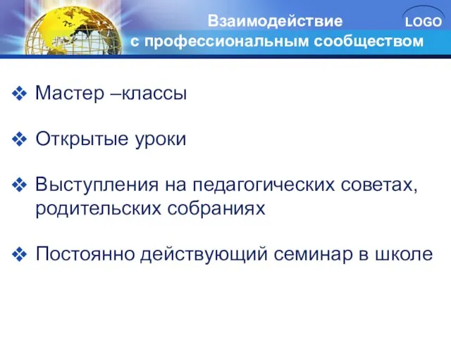 Взаимодействие с профессиональным сообществом Мастер –классы Открытые уроки Выступления на педагогических советах,