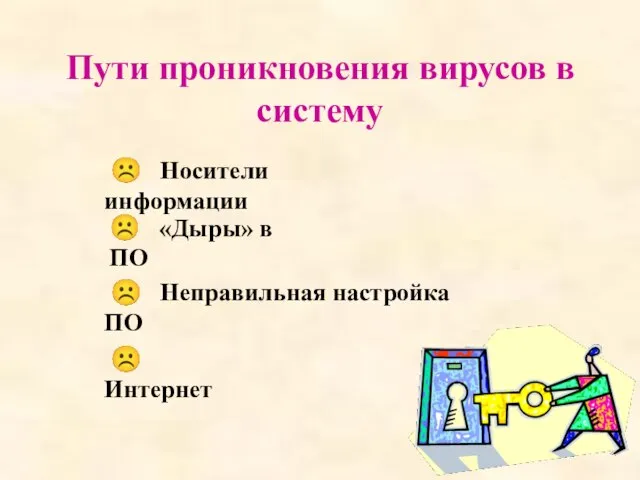 Пути проникновения вирусов в систему ☹ Носители информации ☹ «Дыры» в ПО