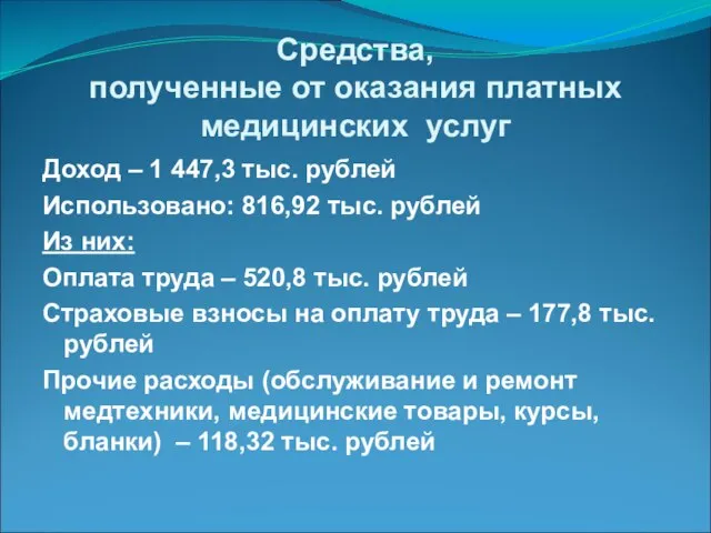 Средства, полученные от оказания платных медицинских услуг Доход – 1 447,3 тыс.