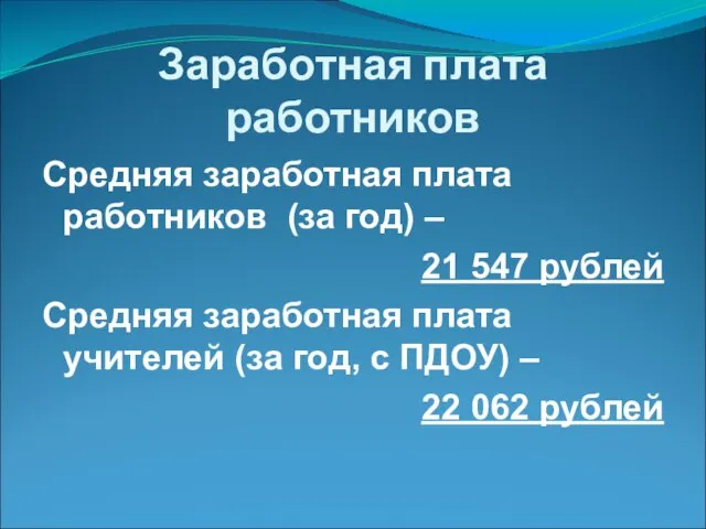 Заработная плата работников Средняя заработная плата работников (за год) – 21 547