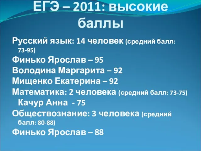 ЕГЭ – 2011: высокие баллы Русский язык: 14 человек (средний балл: 73-95)