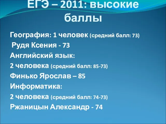 ЕГЭ – 2011: высокие баллы География: 1 человек (средний балл: 73) Рудя