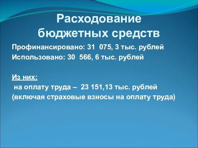 Расходование бюджетных средств Профинансировано: 31 075, 3 тыс. рублей Использовано: 30 566,