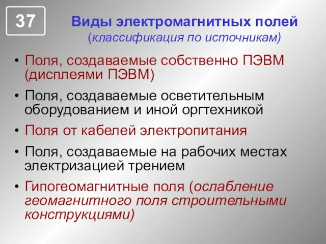 Виды электромагнитных полей (классификация по источникам) Поля, создаваемые собственно ПЭВМ (дисплеями ПЭВМ)