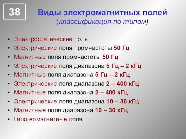 Виды электромагнитных полей (классификация по типам) Электростатические поля Электрические поля промчастоты 50