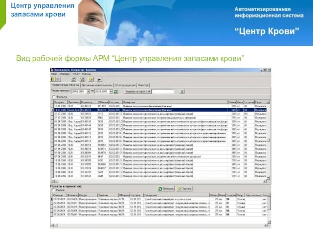 Центр управления запасами крови Вид рабочей формы АРМ “Центр управления запасами крови”