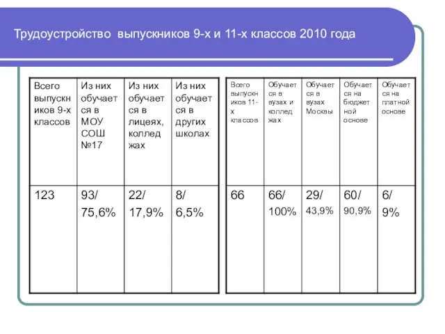 Трудоустройство выпускников 9-х и 11-х классов 2010 года