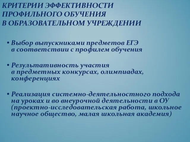 Выбор выпускниками предметов ЕГЭ в соответствии с профилем обучения Результативность участия в