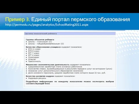 Пример 3. Единый портал пермского образования http://permedu.ru/pages/analytics/SchoolRating2011.aspx