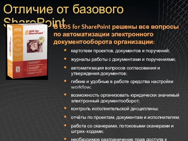 Отличие от базового SharePoint В EOS for SharePoint решены все вопросы по