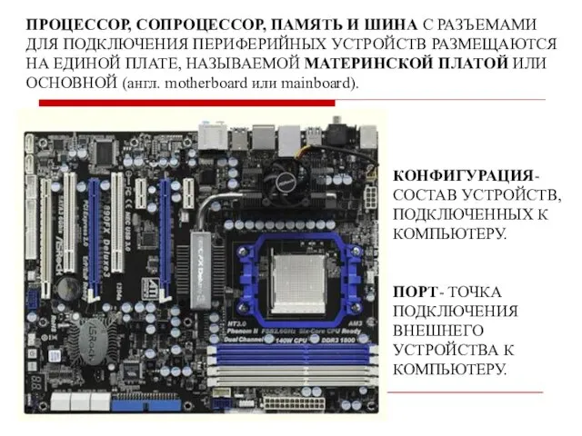 ПРОЦЕССОР, СОПРОЦЕССОР, ПАМЯТЬ И ШИНА С РАЗЪЕМАМИ ДЛЯ ПОДКЛЮЧЕНИЯ ПЕРИФЕРИЙНЫХ УСТРОЙСТВ РАЗМЕЩАЮТСЯ