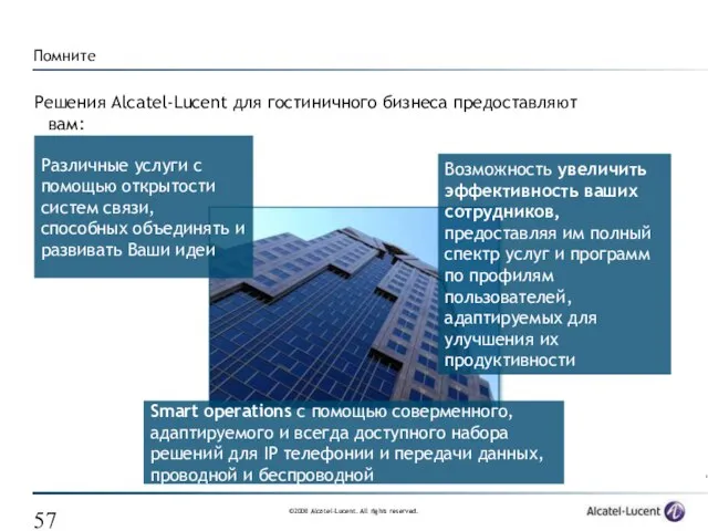 Решения Alcatel-Lucent для гостиничного бизнеса предоставляют вам: Возможность увеличить эффективность ваших сотрудников,