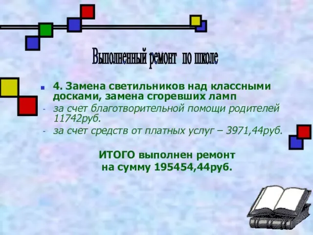 4. Замена светильников над классными досками, замена сгоревших ламп за счет благотворительной