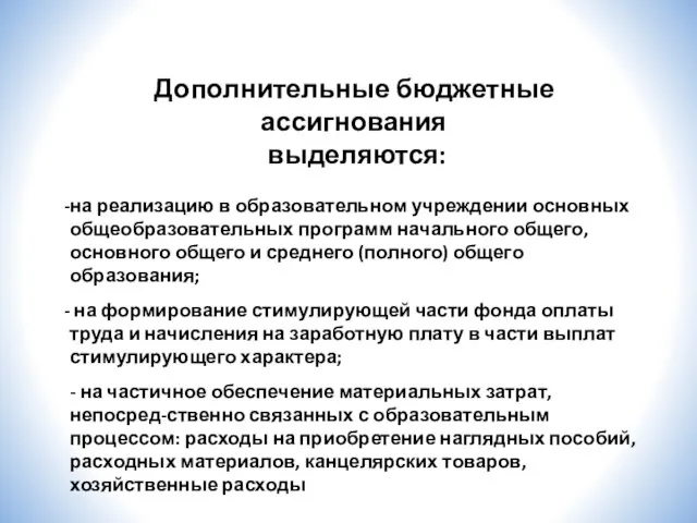 Дополнительные бюджетные ассигнования выделяются: на реализацию в образовательном учреждении основных общеобразовательных программ