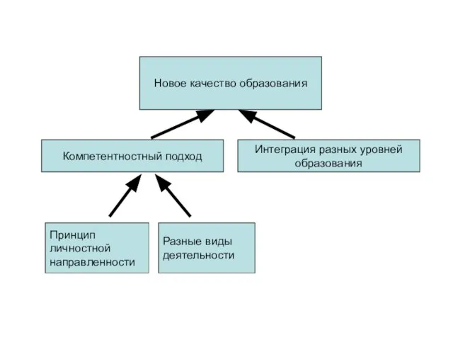 Новое качество образования Компетентностный подход Интеграция разных уровней образования Принцип личностной направленности Разные виды деятельности