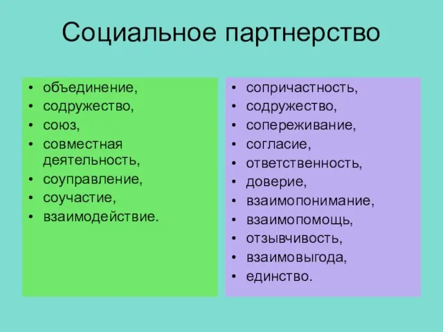 Социальное партнерство объединение, содружество, союз, совместная деятельность, соуправление, соучастие, взаимодействие. сопричастность, содружество,