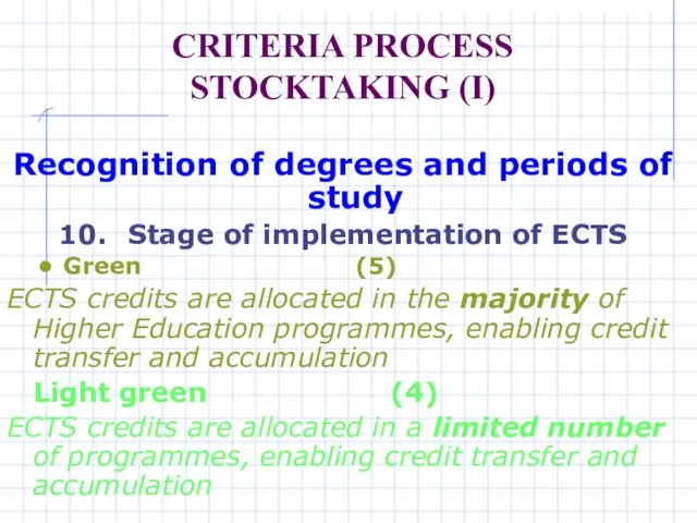 CRITERIA PROCESS STOCKTAKING (I) Recognition of degrees and periods of study 10.