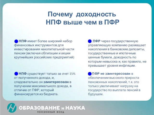 Почему в НПФ выше доходность чем в ПФР? НПФ имеет более широкий