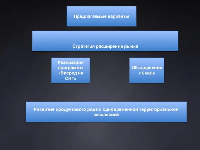 Стратегия расширения рынка Предлагаемые варианты Реализация программы «Вперед на СНГ» Развитие продуктового