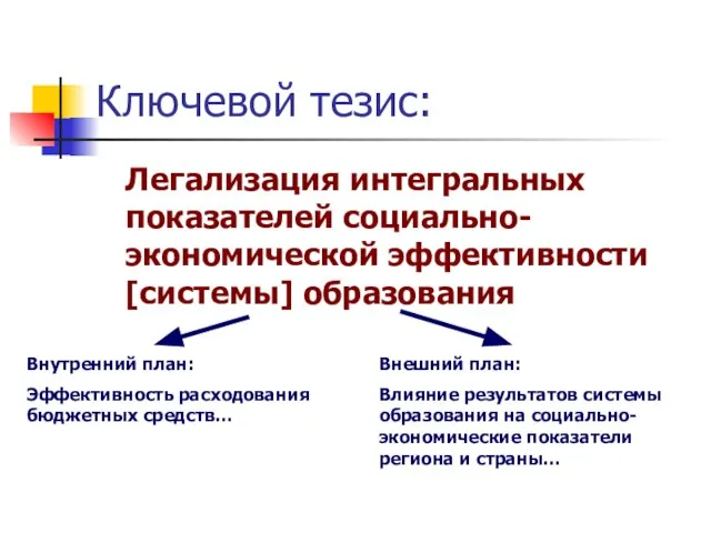 Ключевой тезис: Легализация интегральных показателей социально-экономической эффективности [системы] образования Внутренний план: Эффективность