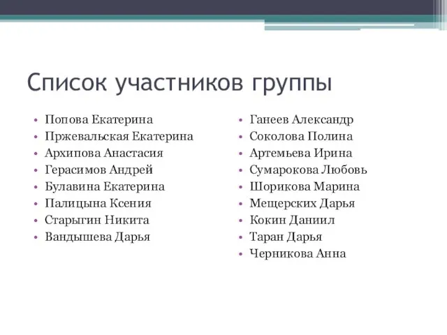 Список участников группы Попова Екатерина Пржевальская Екатерина Архипова Анастасия Герасимов Андрей Булавина