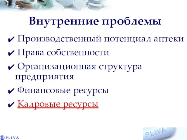 Внутренние проблемы Производственный потенциал аптеки Права собственности Организационная структура предприятия Финансовые ресурсы Кадровые ресурсы