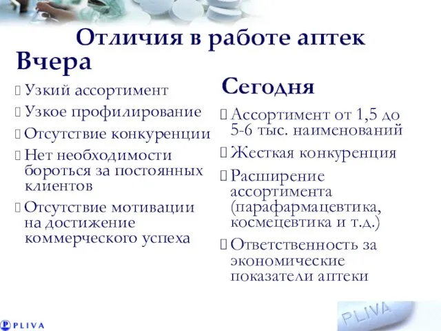 Отличия в работе аптек Вчера Узкий ассортимент Узкое профилирование Отсутствие конкуренции Нет