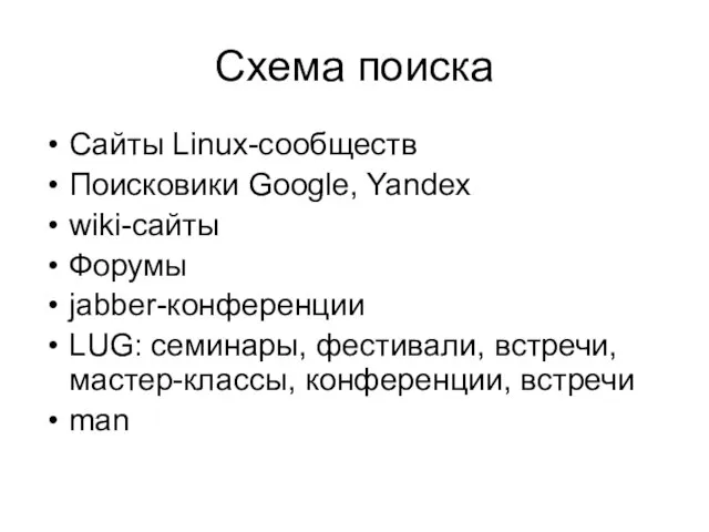 Схема поиска Сайты Linux-сообществ Поисковики Google, Yandex wiki-сайты Форумы jabber-конференции LUG: семинары,