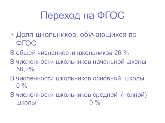 Переход на ФГОС Доля школьников, обучающихся по ФГОС В общей численности школьников