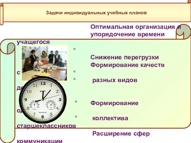 Задачи индивидуальных учебных планов Оптимальная организация и упорядочение времени учащегося Снижение перегрузки