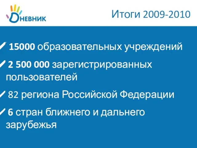 Итоги 2009-2010 15000 образовательных учреждений 2 500 000 зарегистрированных пользователей 82 региона